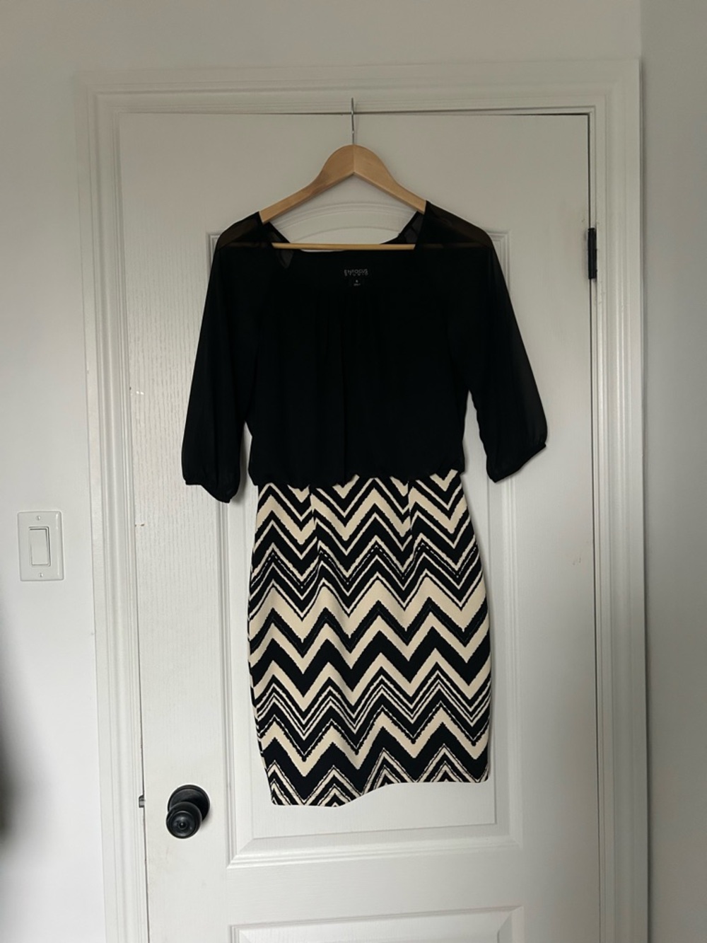 Enfocus Studio Black Top with Cream & Black Chevron Skirt Dress